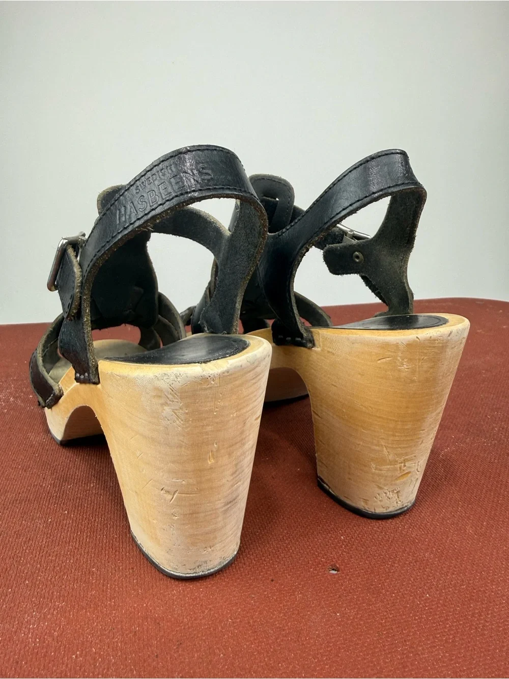 Swedish Hasbeens Black Woven Leather Platform Sandals Size 39